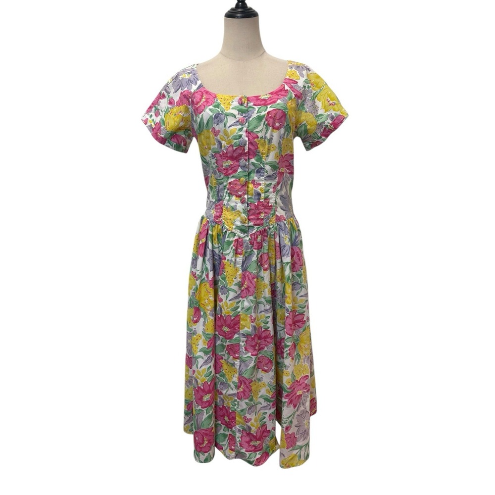 Vtg 90s Floral Midi Dress‎ Basque Waist Coquette Cottagecore Milkmaid